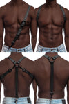 ARMY OF MEN 1" wide grey leather braces with black O-ring, rivets, snaps, and snap clips styled on a fit model, four ways.