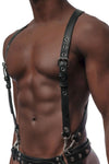 Front-on shot of model in a 1" wide ARMY OF MEN UNIVERSAL BRACES KIT with stainless steel O-ring, rivets, and snap clips.