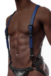 Front view of fit model wearing a 1" wide ARMY OF MEN leather UNIVERSAL BRACES KIT - Blue with matte black metal hardware.
