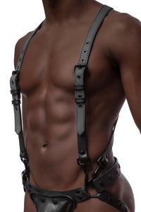 Front-on shot of defined model wearing a 1" wide black and grey leather UNIVERSAL BRACES KIT with matte black metal hardware.