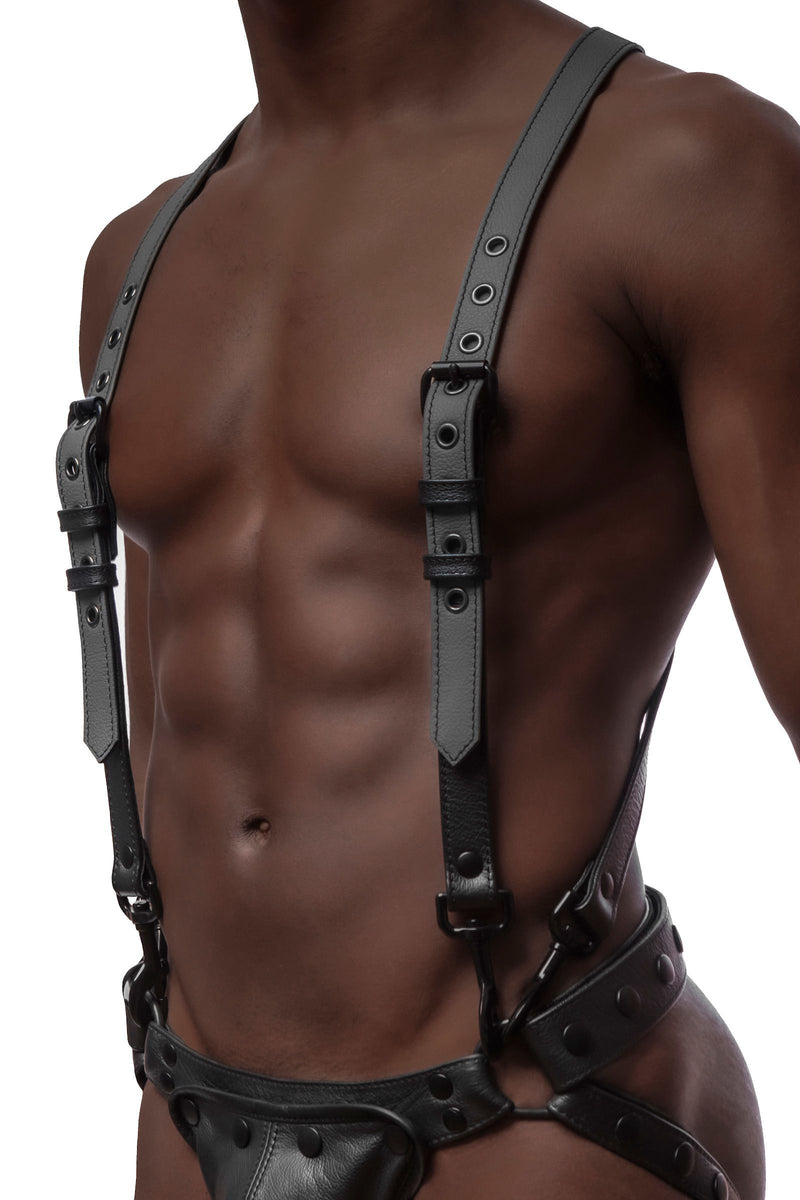 Front-on shot of defined model wearing a 1" wide black and grey leather UNIVERSAL BRACES KIT with matte black metal hardware.