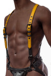 Front-on shot of male model in a 1" wide ARMY OF MEN yellow and black leather full body harness with matte black hardware.