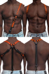 Male model wearing a 1" wide ARMY OF MEN orange leather braces with matte black snaps, styled four ways.