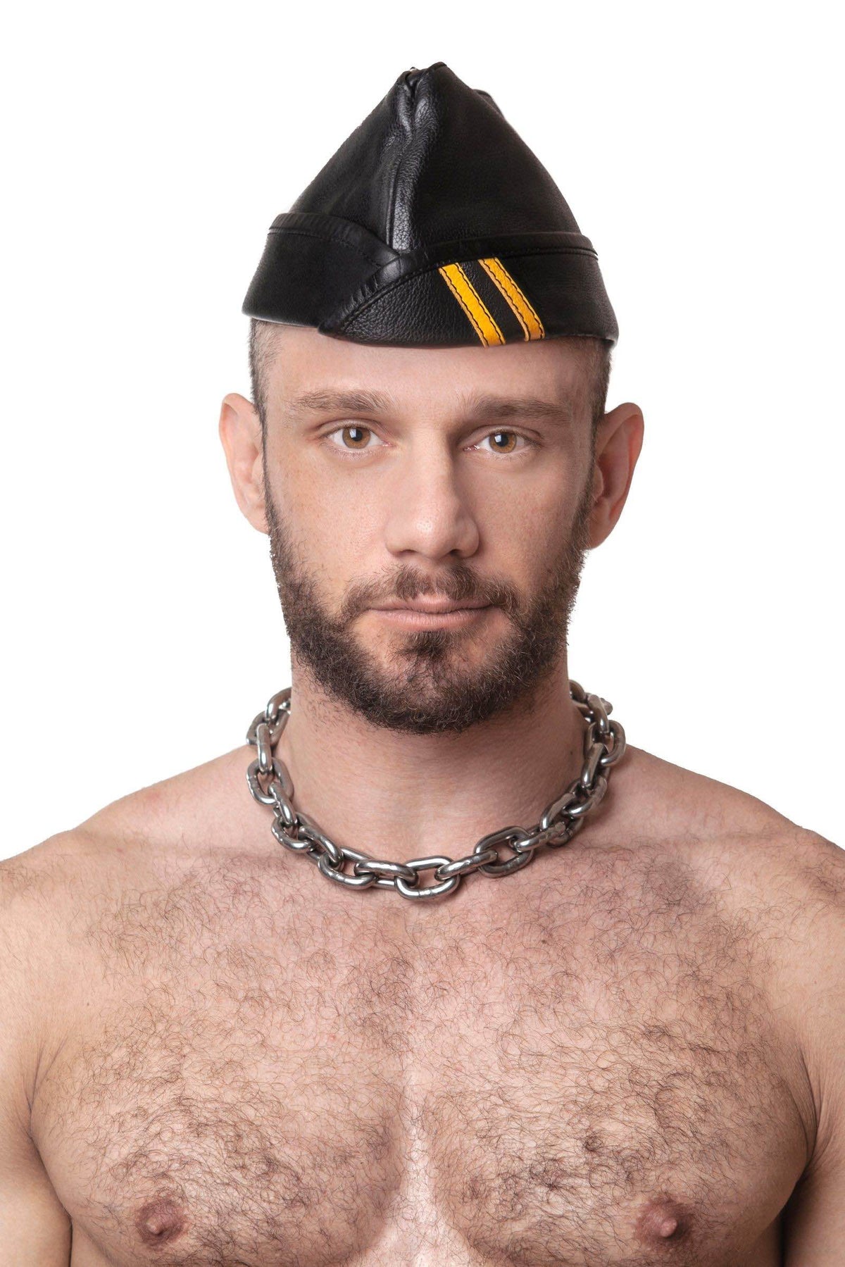 Male model facing forward in an Australian made ARMY OF MEN leather FLIGHT CAP - Yellow.