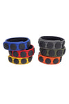 Six curled coloured leather cockrings with matte black components.
