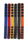 Front-facing view of six coloured leather cockrings highlighting the matte black snaps.