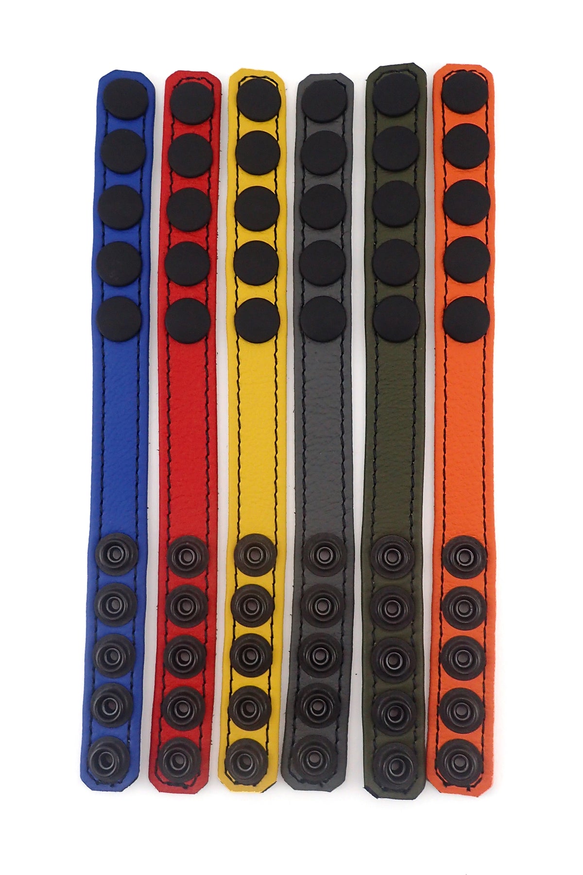 Front-facing view of six coloured leather cockrings highlighting the matte black snaps.