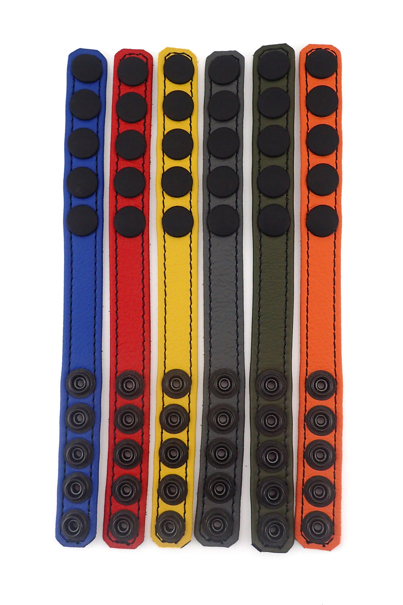 Front-facing view of six coloured leather cockrings highlighting the matte black snaps.