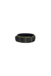 A coiled 3/4" wide army green leather cockring with matte black hardware.