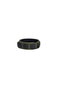 A coiled 3/4" wide army green leather cockring with matte black hardware.