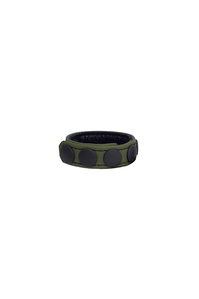 A coiled 3/4" wide army green leather cockring with matte black hardware.
