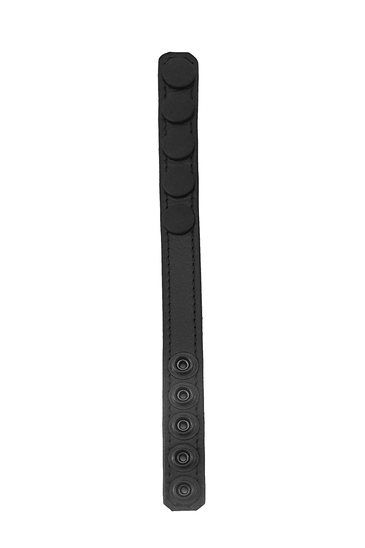 The front face of a black leather cockring with durable matte black hardware.