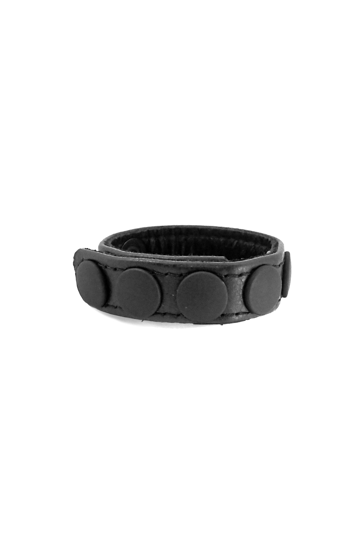 A black leather cockring finished with matte black components, formed into a loop.