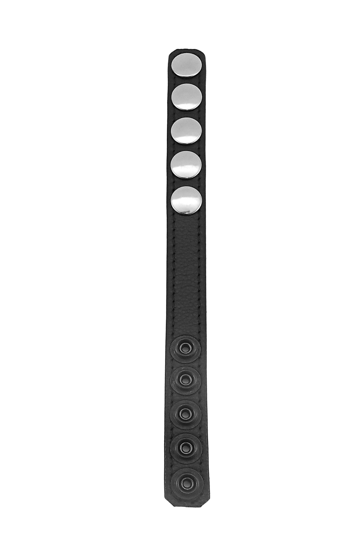 Front-facing perspective highlighting a 3/4" wide black leather cockring with stainless steel snaps.
