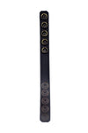Displayed flat, a black leather cockring reveals its black leather lining.