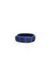 A blue leather cockring finished with matte black components, formed into a loop.