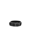 A grey leather cockring with matte black snaps, looped into a ring.