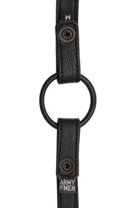 Black leather cockring strap flat lining view