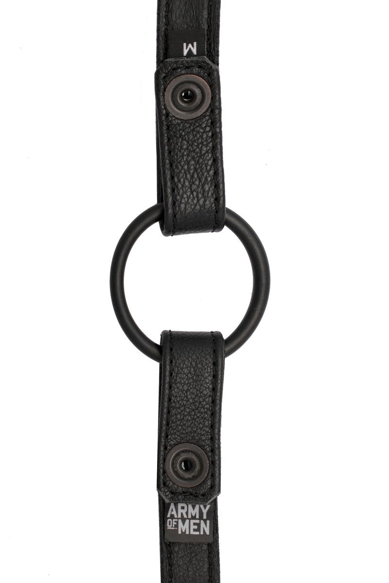 Black leather cockring strap flat lining view