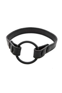 Black leather cockring strap in a ring