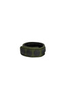 A 1" wide army green leather cockring with matte black hardware, curled into a ring.