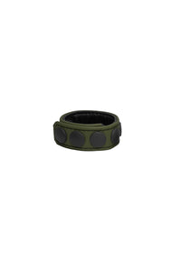 A 1" wide army green leather cockring with matte black hardware, curled into a ring.