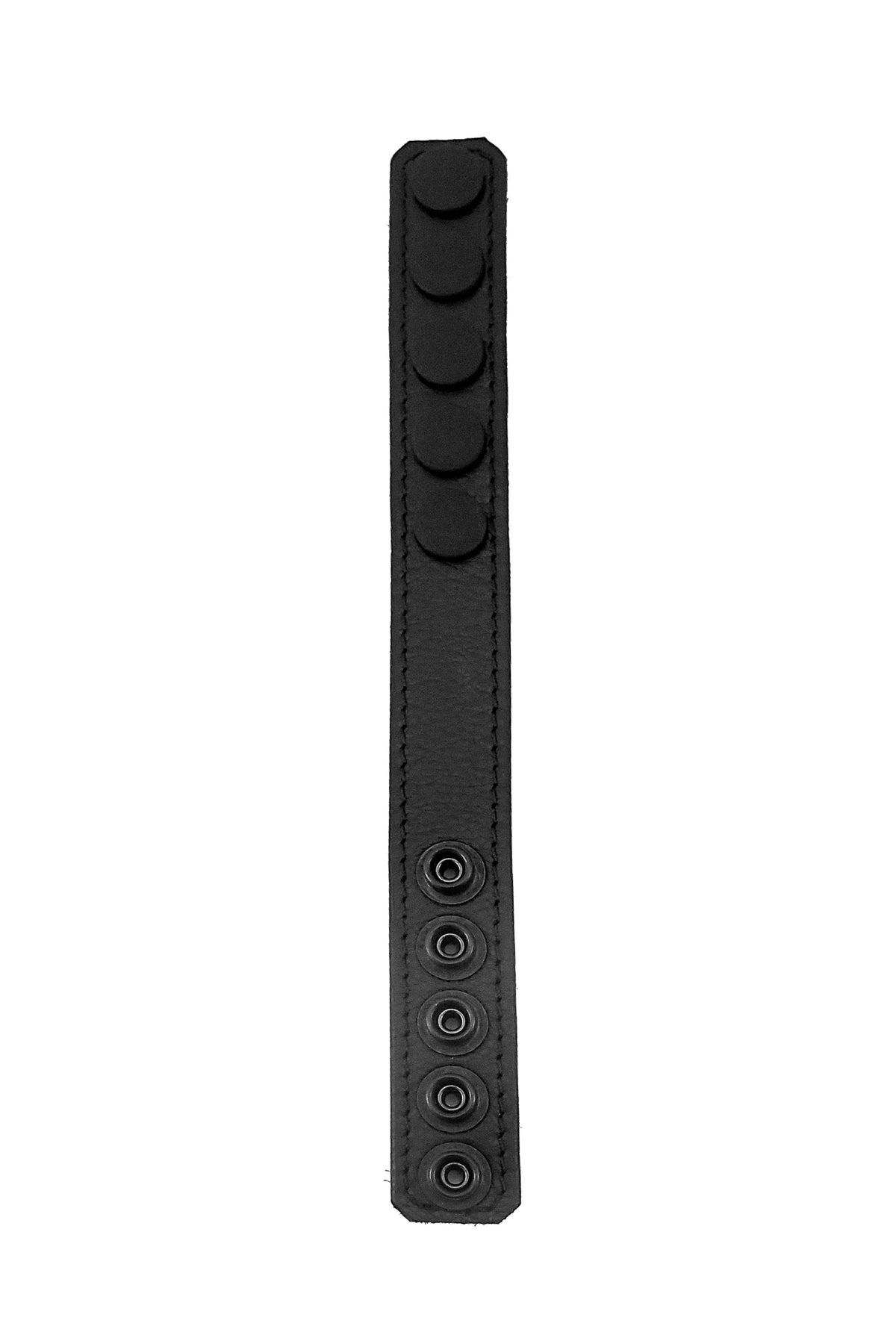 Front view of a 1" wide black leather cockring with matte black hardware.