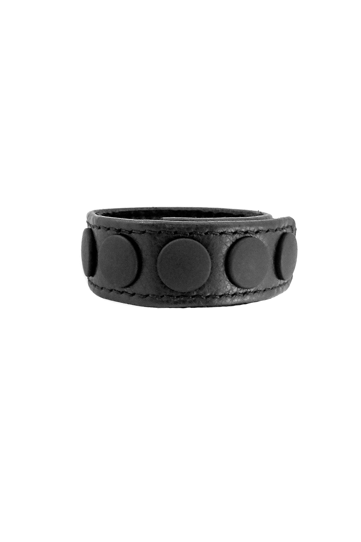 A 1" wide black leather cockring with matte black hardware, curled into a ring.