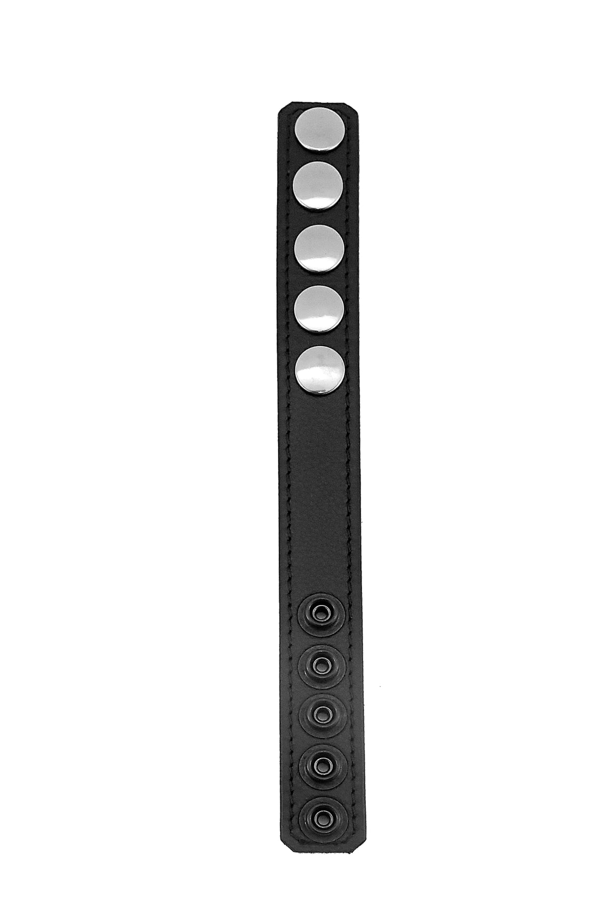 The front face of a black leather cockring with durable stainless steel hardware.