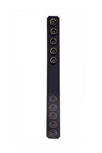 Displayed flat, a black leather cockring reveals a soft black lining.