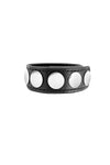 A coiled 1" wide black leather cockring with stainless steel hardware.