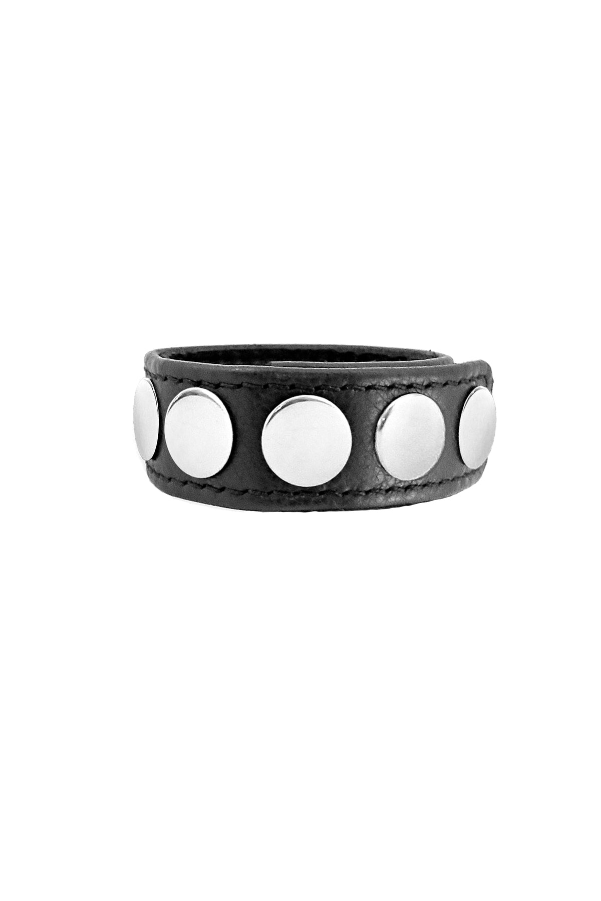 A coiled 1" wide black leather cockring with stainless steel hardware.