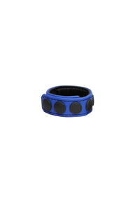 Coiled display of a COCKRING WIDE - Blue with matte black hardware.