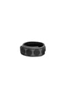 A 1" wide grey leather cockring with matte black hardware, curled into a ring.