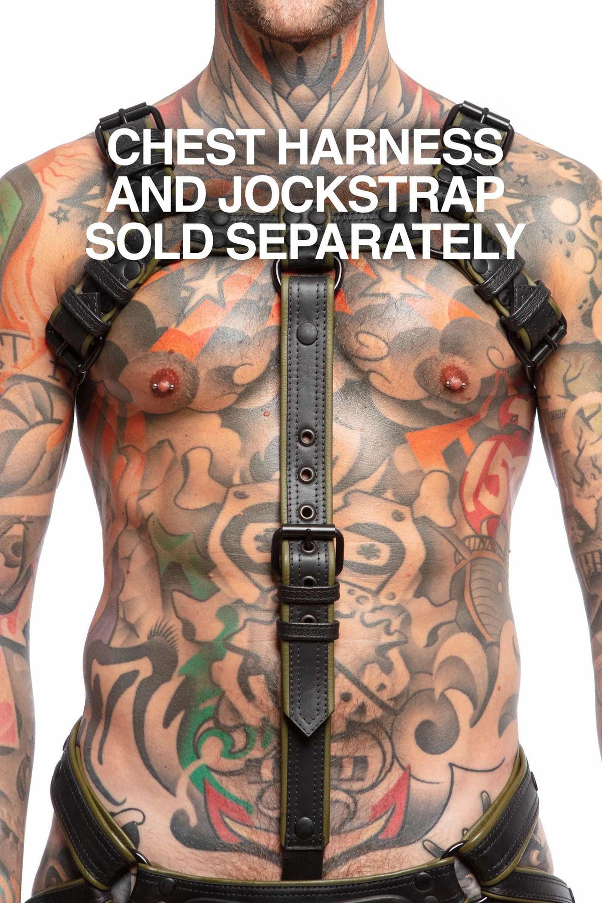 A toned model wearing a 1.5" wide ARMY OF MEN army green leather bulldog add-on with a matte black buckle, front facing view.