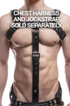 A ginger haired model facing forward in a 1.5" wide ARMY OF MEN black leather bulldog add-on with stainless steel hardware.
