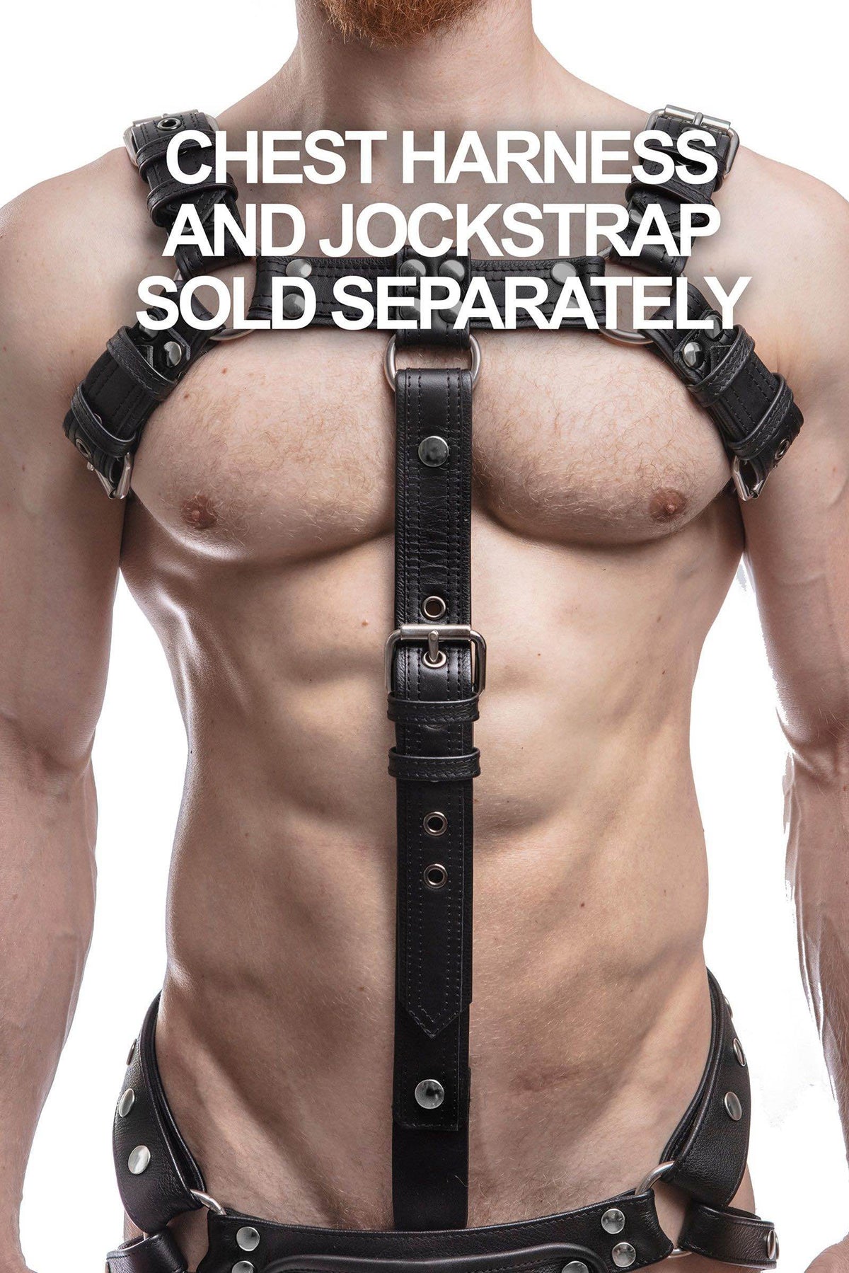 A ginger haired model facing forward in a 1.5" wide ARMY OF MEN black leather bulldog add-on with stainless steel hardware.