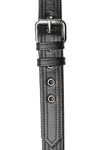 Flat lay view of a 1.5" wide ARMY OF MEN black leather bulldog add-on with stainless steel buckle.