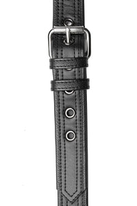 Flat lay view of a 1.5" wide ARMY OF MEN black leather bulldog add-on with stainless steel buckle.