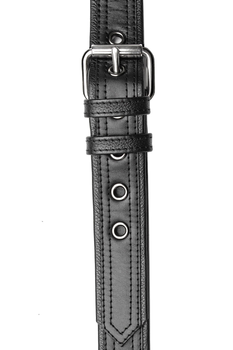 Flat lay view of a 1.5" wide ARMY OF MEN black leather bulldog add-on with stainless steel buckle.