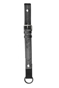 A 1.5" wide ARMY OF MEN black leather bulldog add-on with stainless steel hardware, laid flat and captured from above.