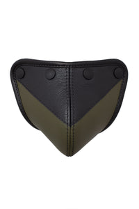 Front view of a handcrafted ARMY OF MEN army green and black leather jockstrap codpiece with matte black snaps.