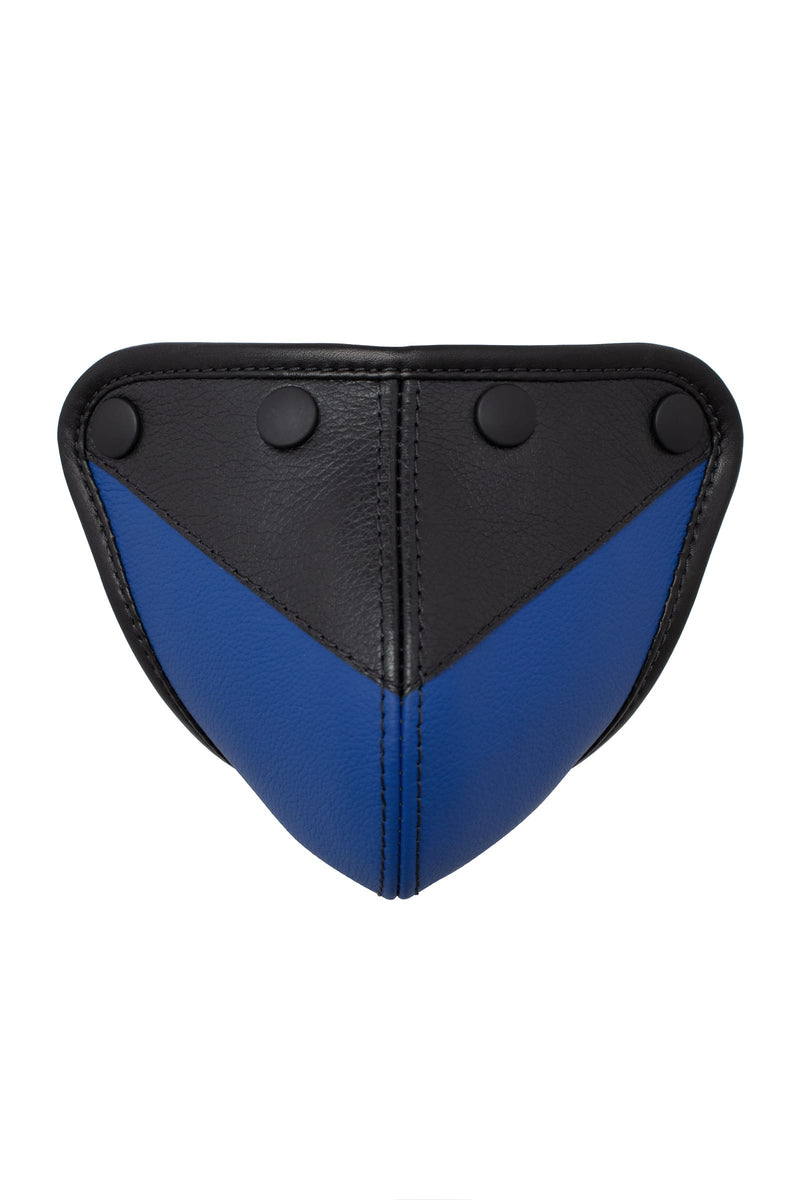 A handcrafted ARMY OF MEN blue and black leather jockstrap codpiece with matte black hardware, viewed from the front.