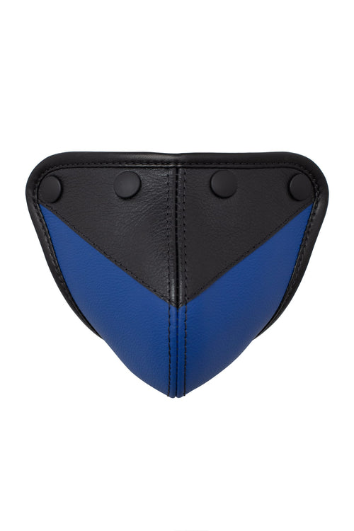 A handcrafted ARMY OF MEN blue and black leather jockstrap codpiece with matte black hardware, viewed from the front.
