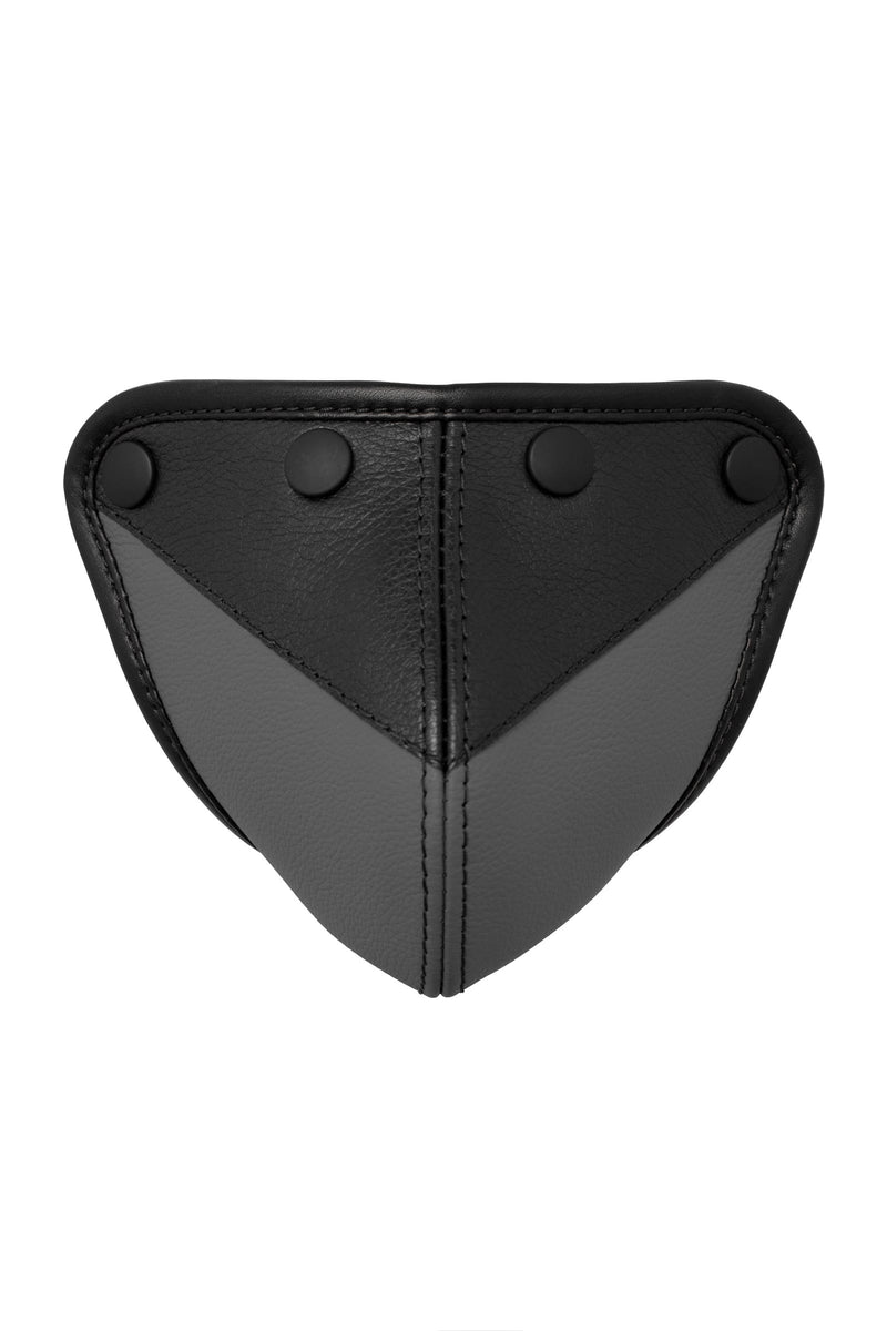 Front view of a handmade ARMY OF MEN CHEVRON CODPIECE - Grey with matte black snaps.