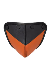An Australian made ARMY OF MEN CHEVRON CODPIECE - Orange with matte black snaps, captured from the front.