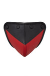 Front-on shot of a handmade ARMY OF MEN CHEVRON CODPIECE - Red with matte black hardware.