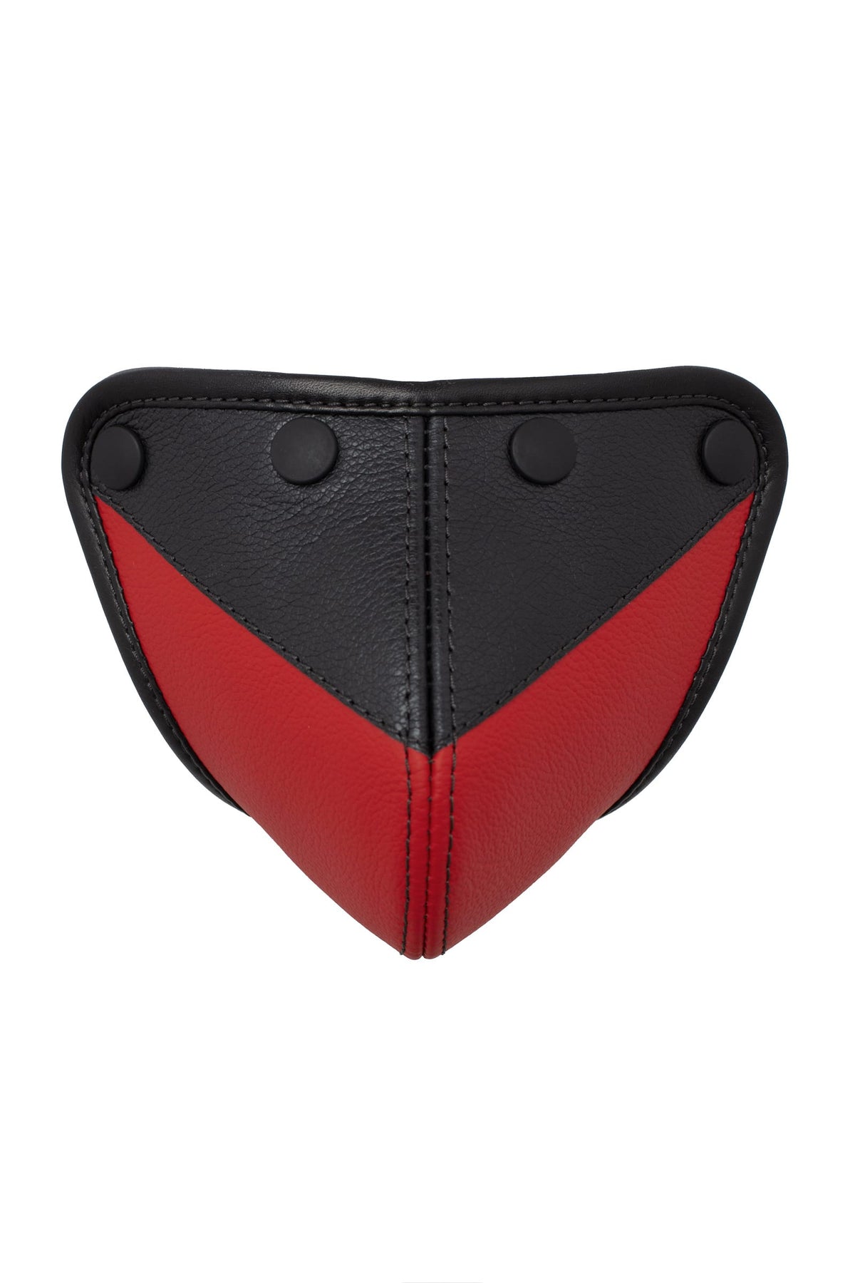 Front-on shot of a handmade ARMY OF MEN CHEVRON CODPIECE - Red with matte black hardware.