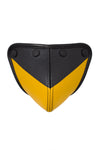 A handmade ARMY OF MEN CHEVRON CODPIECE - Yellow with matte black snaps, viewed from the front.