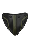 ARMY OF MEN Australian made black and army green leather codpiece with matte black snaps, viewed from the front.